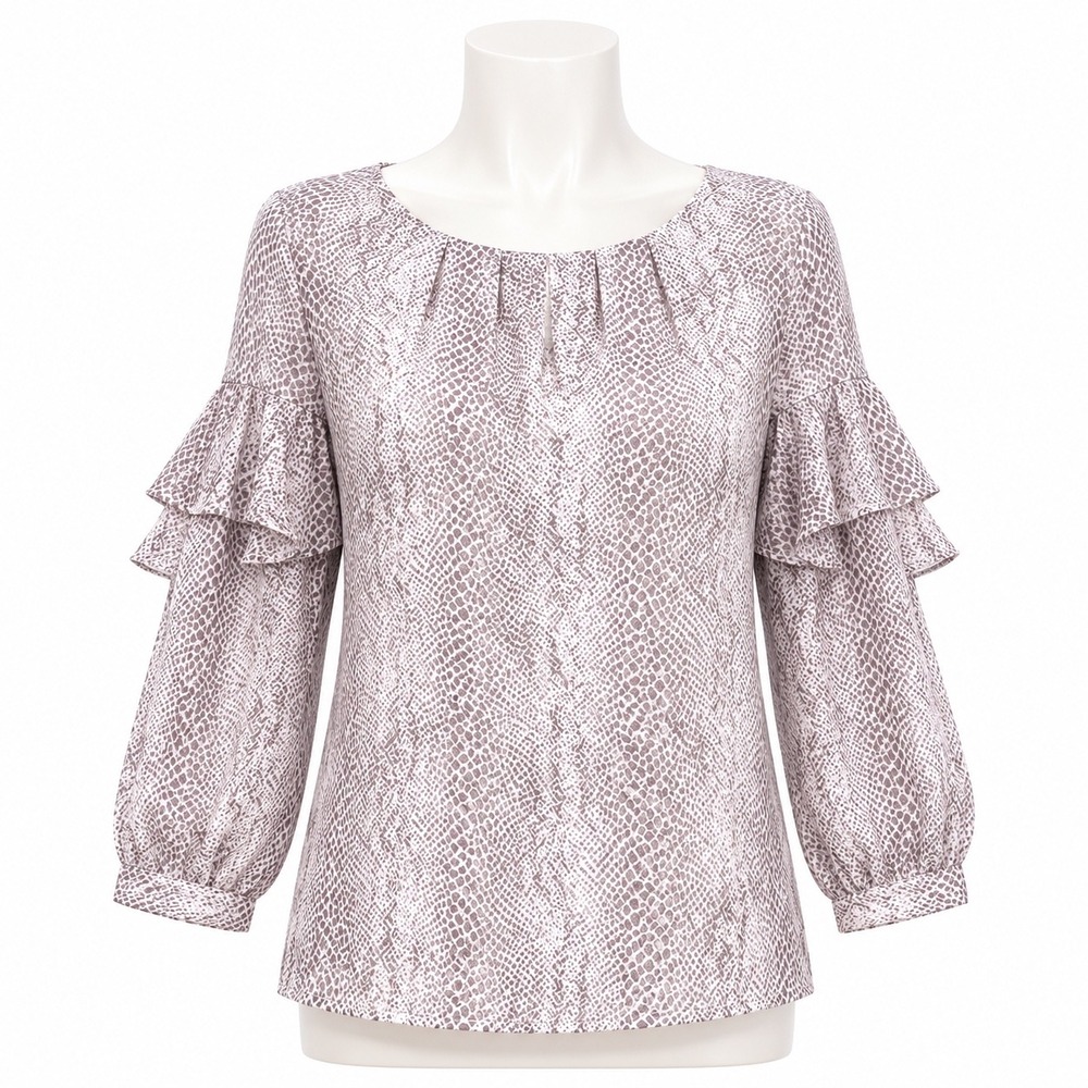 Banana Republic Blouse Small Tan Snakeskin Tiered Ruffle Sleeve Scoop Neck Top